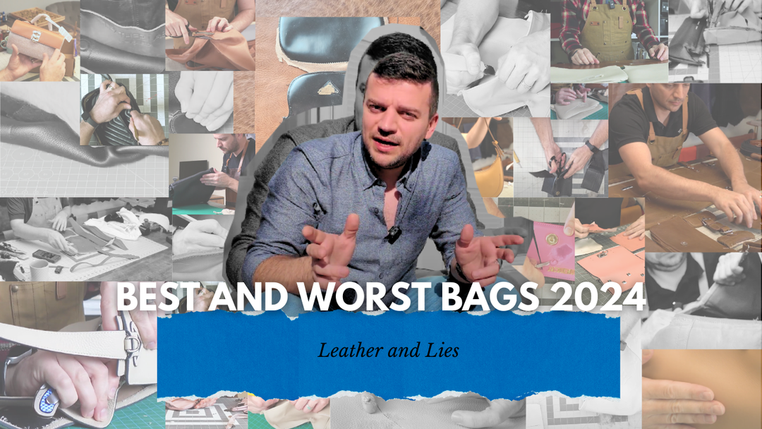 Collage showcasing leather bag reviews with a central focus on Tanner Leatherstein discussing the 'Best and Worst Bags 2024.' Highlights craftsmanship and material insights.