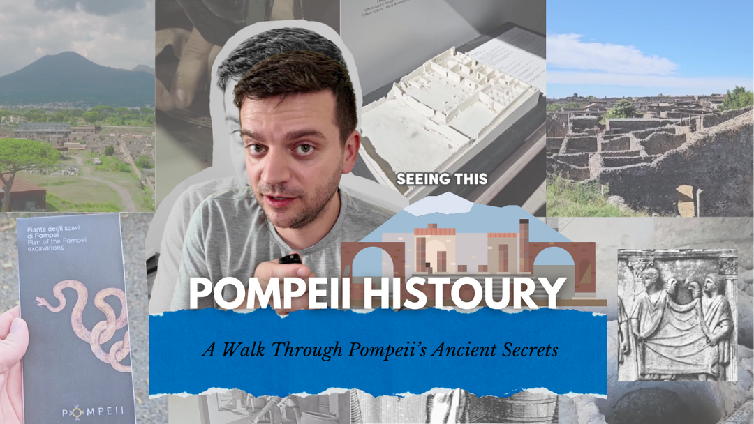 Pompeii Histoury: A guided tour of Pompeii's ancient secrets with a male narrator, featuring ruins, Mount Vesuvius, excavation plans, and historical artifacts.