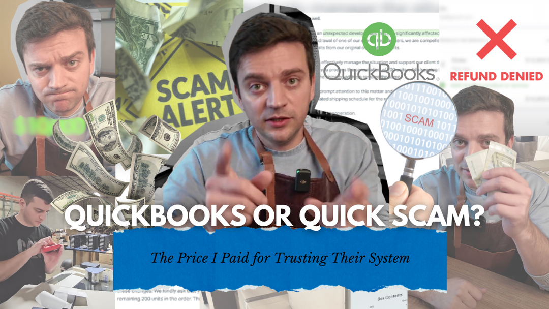 Image showing Tanner Leatherstein's experience with a $10,000 QuickBooks refund scam. Featuring frustrated expressions, dollar bills, and QuickBooks logo, highlighting the costly pitfalls and mistrust in online payment systems.