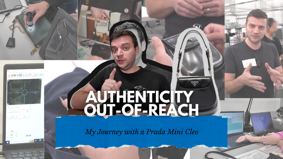 Image of Tanner Leatherstein examining a Prada Mini Cleo handbag, with 'Authenticity Out-of-Reach: My Journey with a Prada Mini Cleo' text overlay, highlighting a detailed review process.