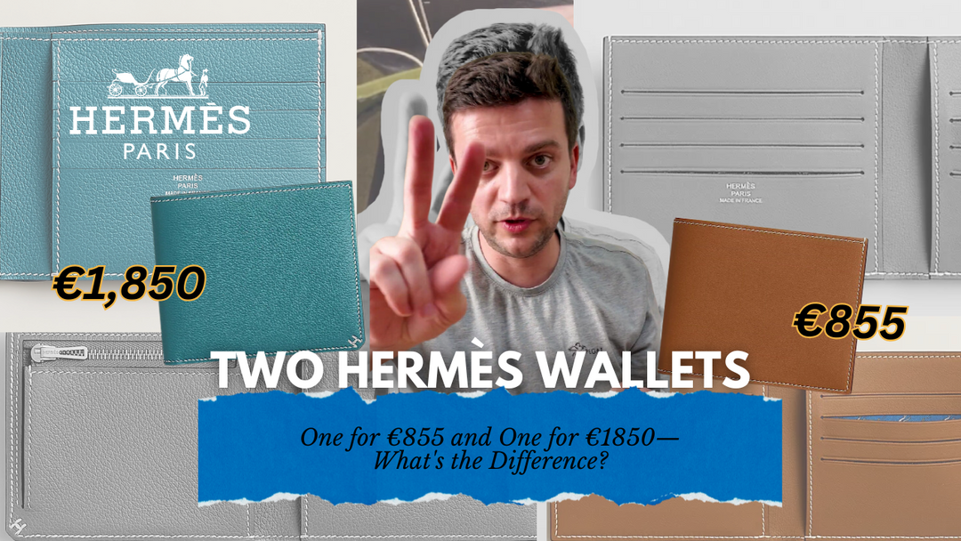 Tanner Leatherstein compares two Hermès wallets, one priced at €855 and the other at €1850, highlighting the differences in craftsmanship and material.