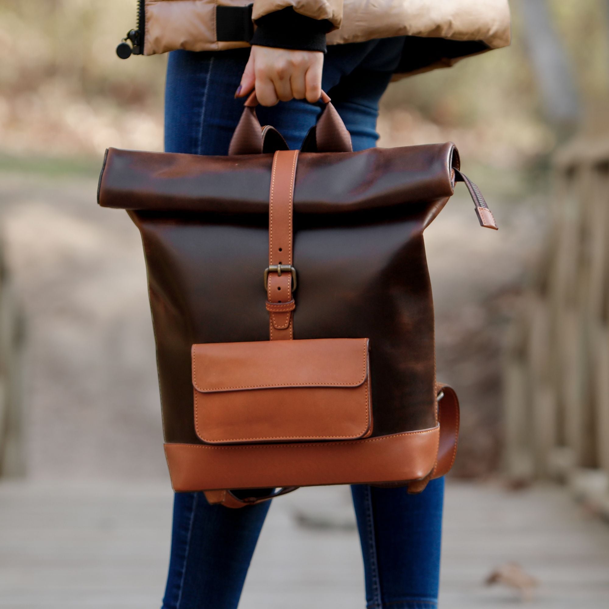 Leather backpack 2024 roll top