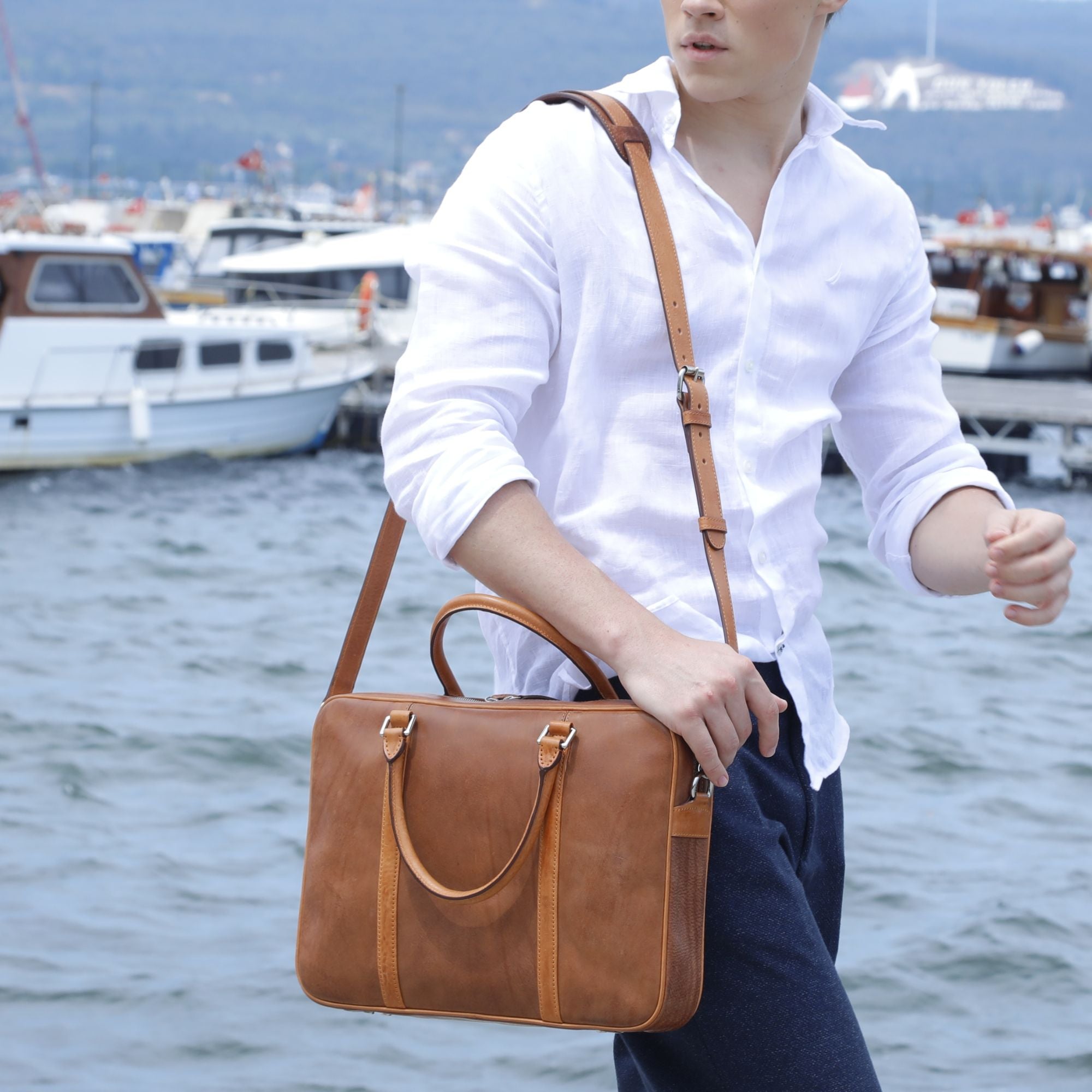 Blue on sale leather briefcase